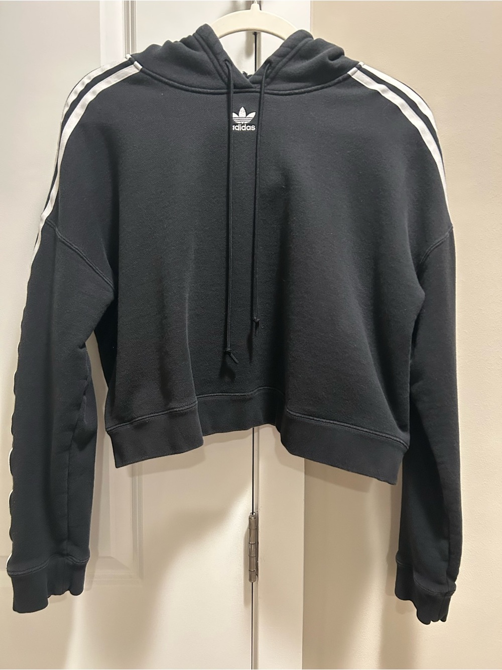 Adidas Women’s Black Cropped Hoodie with Classic White Shoulder Stripes